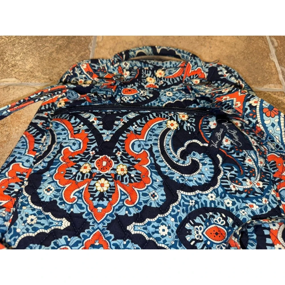 Vera Bradley Blue Lagoon Quilted Cotton Backpack Navy Blue Orange Floral Bag